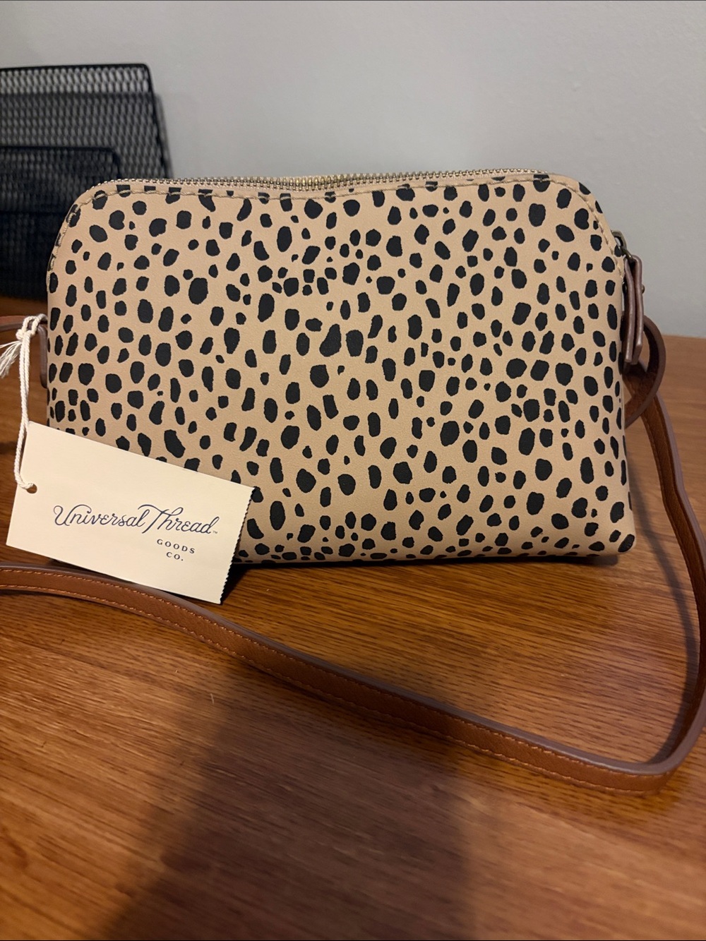 Universal Thread Beige and Black Spotted Crossbody Bag with Brown Strap